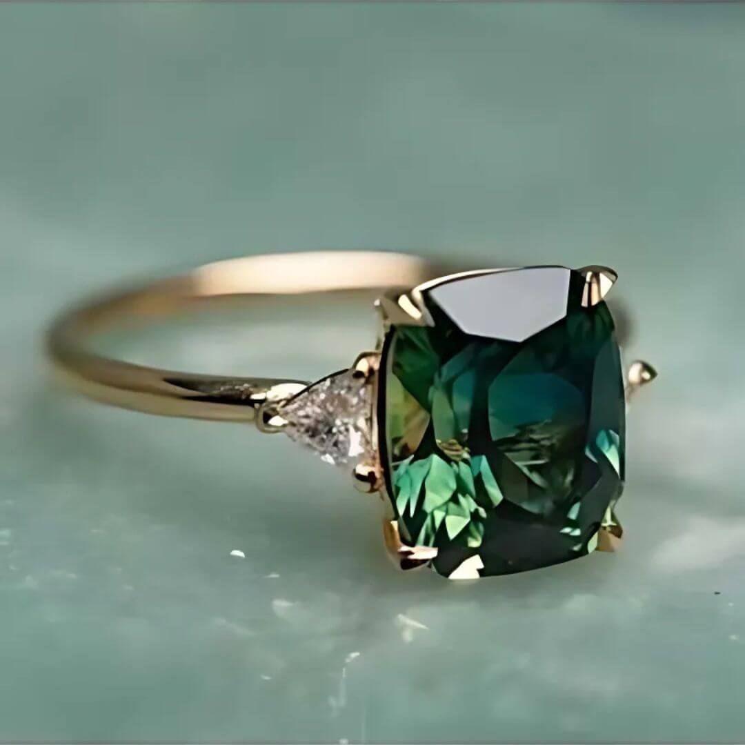 Gold Green Cushion Gemstone Ring - Diane Jewelry