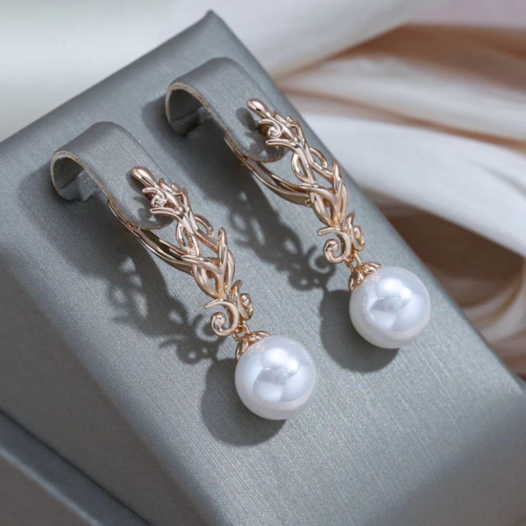 Vintage Pearl Drop Gold Earrings - Diane Jewelry