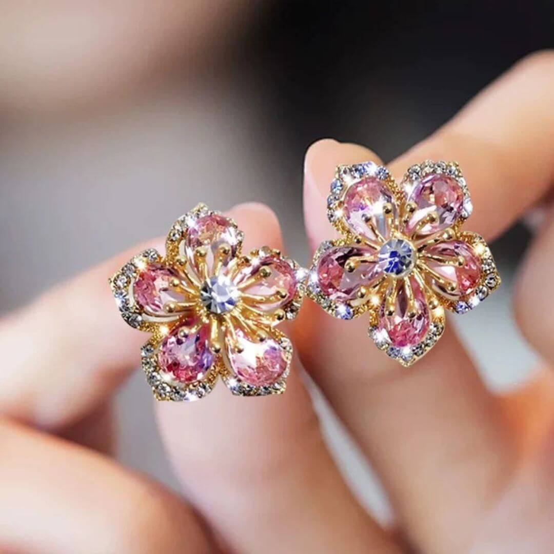Pink Crystal Gold Flower Earrings - Diane Jewelry