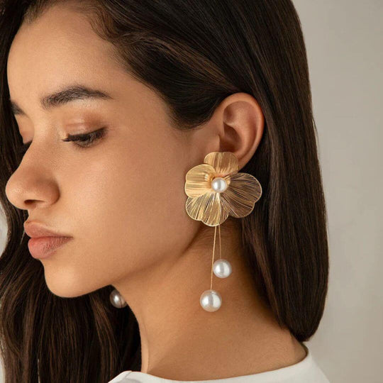 Gold Flower Pearl Drop Earrings - Diane Jewelry