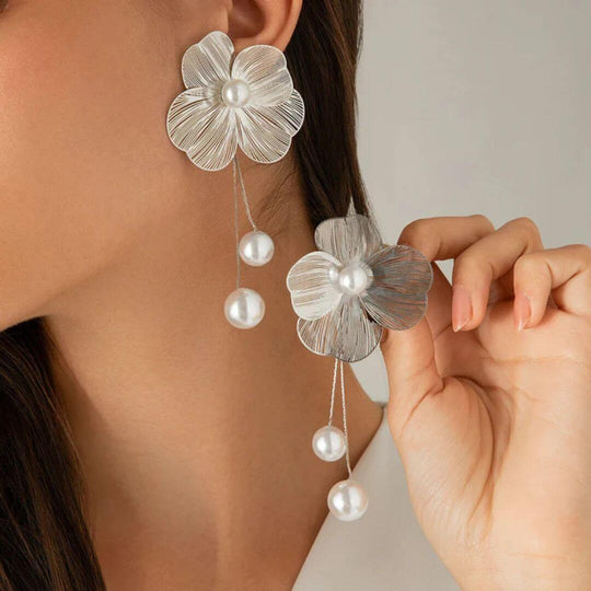 Gold Flower Pearl Drop Earrings - Diane Jewelry