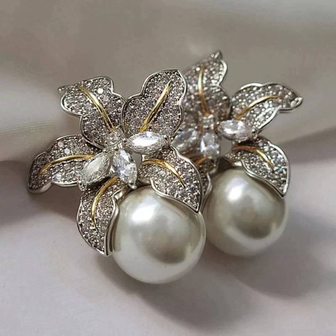 Crystal Flower Pearl Stud Earrings - Diane Jewelry