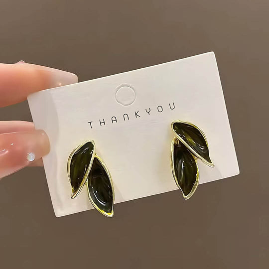 Gold Leaf Blue Stud Earrings - Diane Jewelry