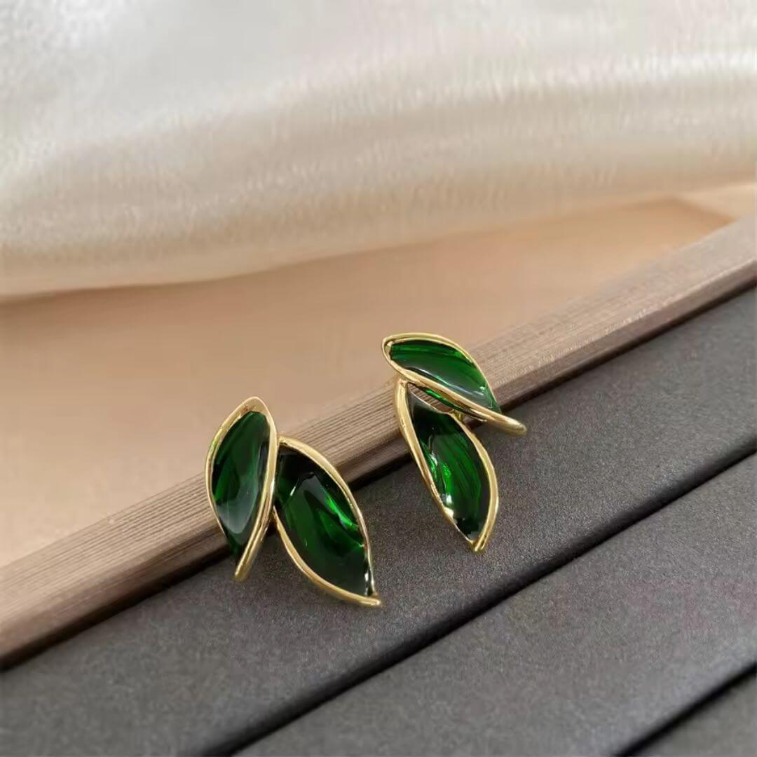 Gold Leaf Blue Stud Earrings - Diane Jewelry