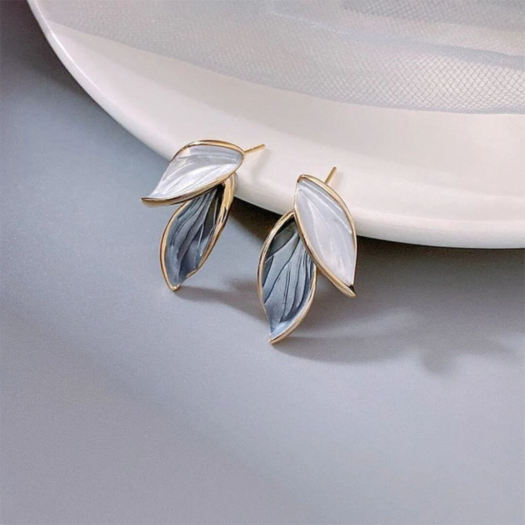 Gold Leaf Blue Stud Earrings - Diane Jewelry
