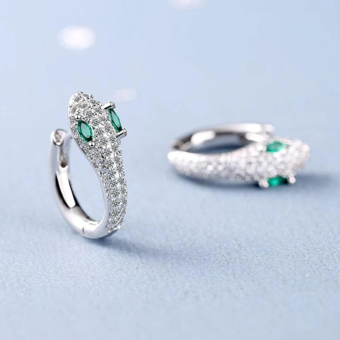 Silver Snake Green Eye Earrings - Diane Jewelry