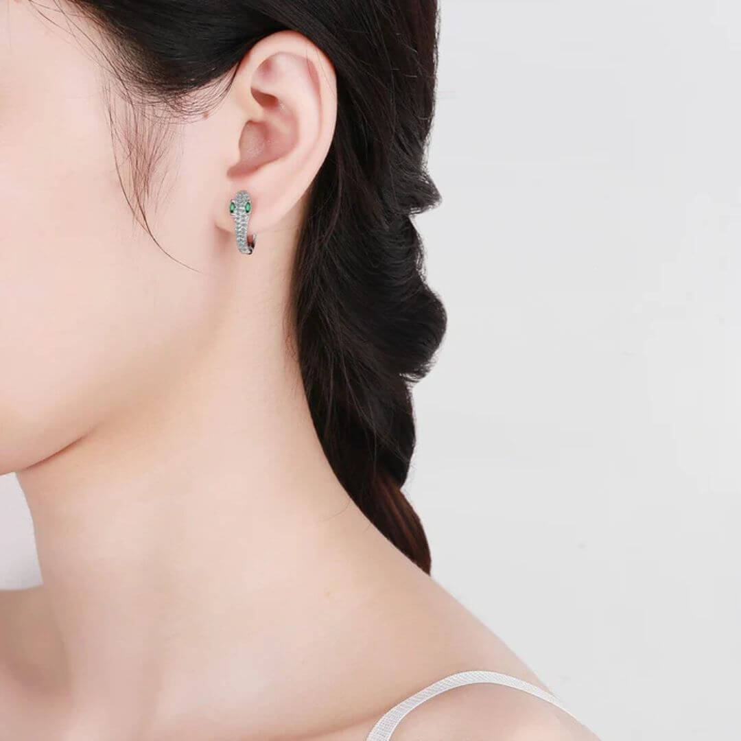 Silver Snake Green Eye Earrings - Diane Jewelry