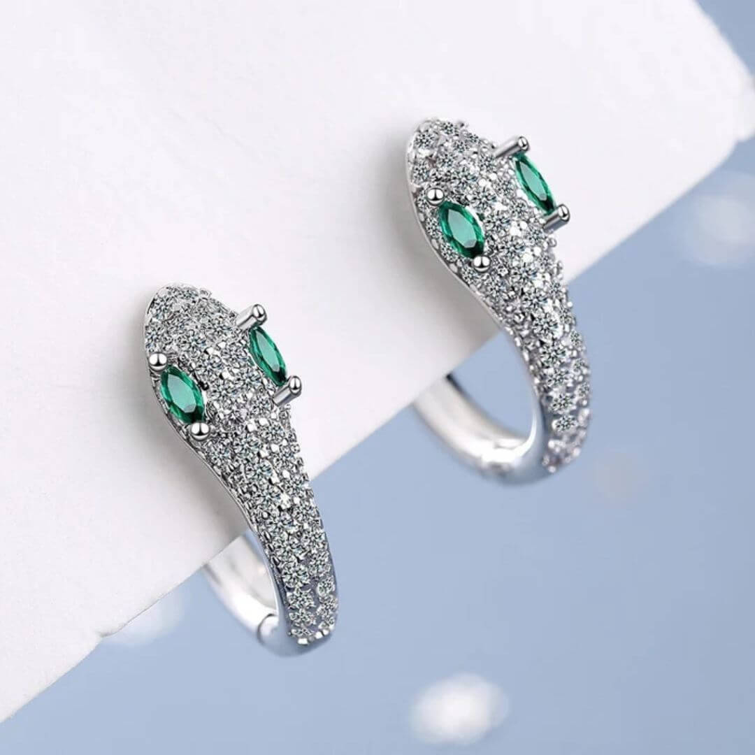 Silver Snake Green Eye Earrings - Diane Jewelry