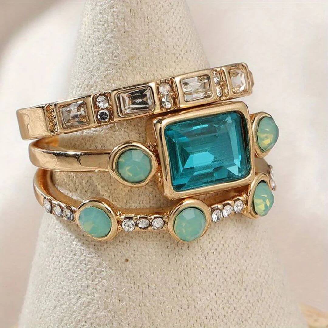 Gold Blue Crystal Ring Set - Diane Jewelry