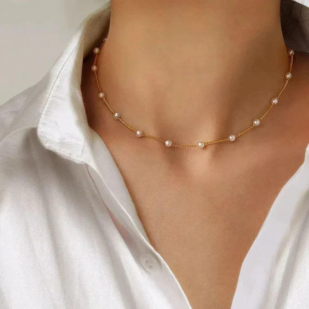 Gold Dainty Pearl Chain Necklace - Diane Jewelry