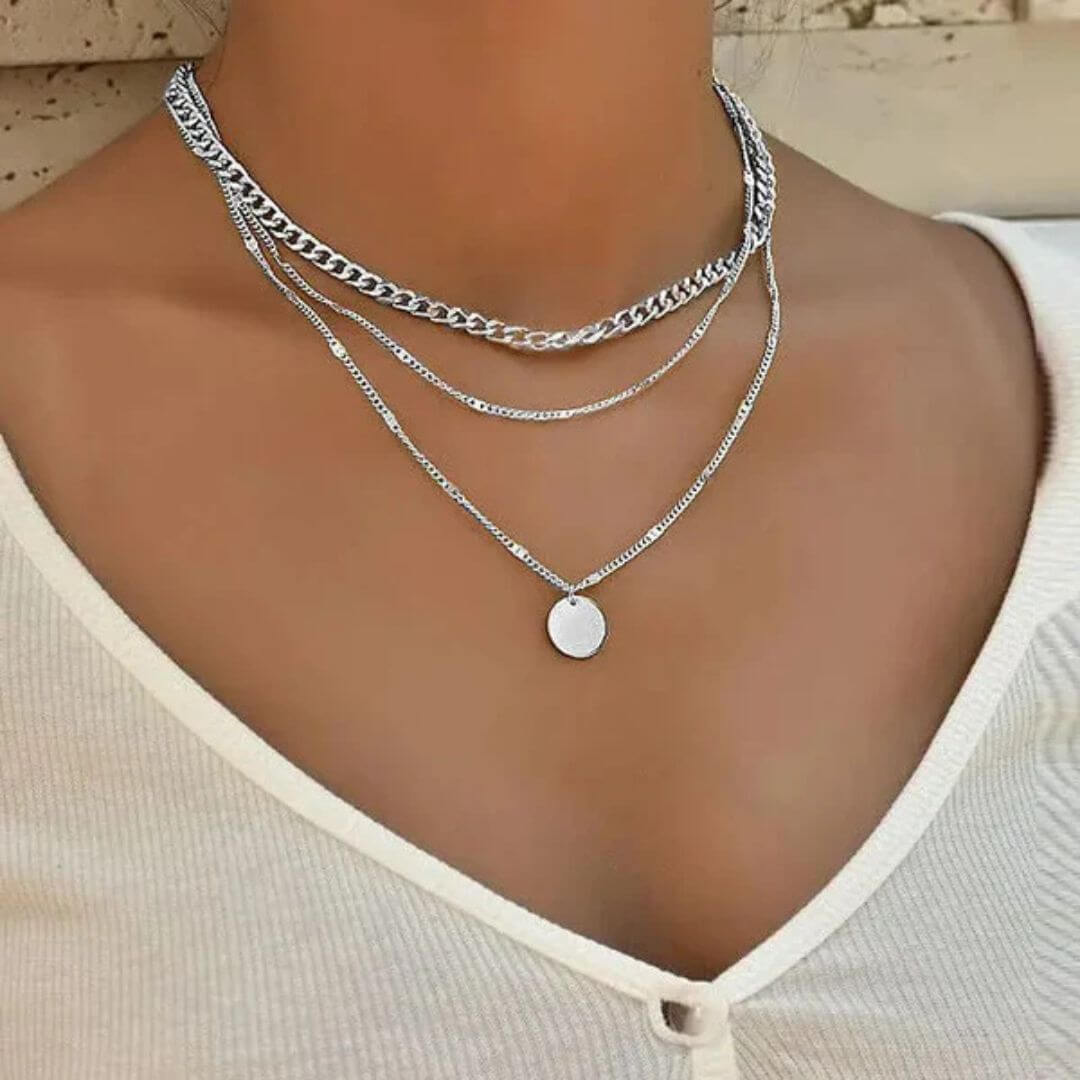 Gold Layered Chain Disc Necklace - Diane Jewelry