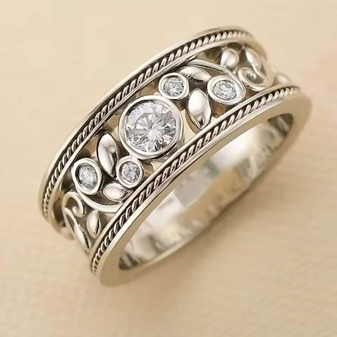 Vintage Leaf Silver Band Ring - Diane Jewelry