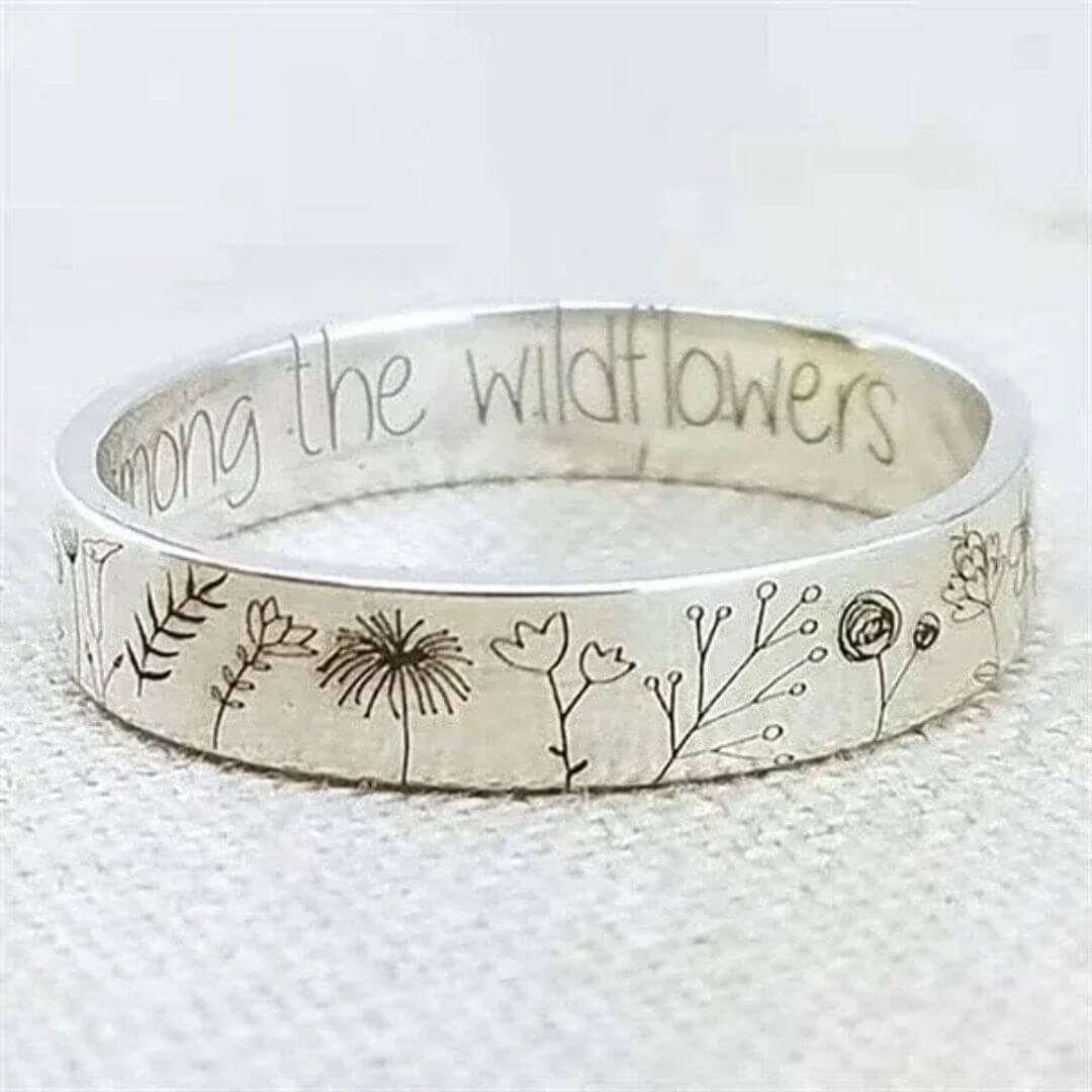 Wildflower Engraved Silver Band Ring - Diane Jewelry
