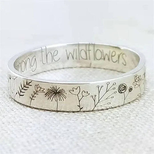 Wildflower Engraved Silver Band Ring - Diane Jewelry