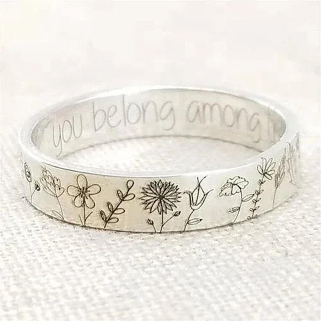Wildflower Engraved Silver Band Ring - Diane Jewelry