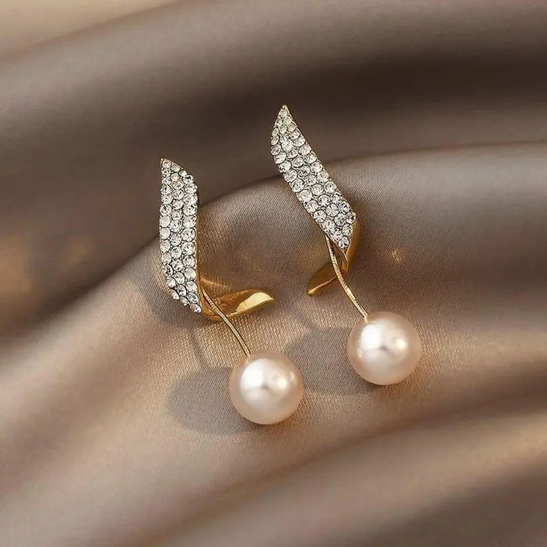 Gold Crystal Pearl Drop Earrings - Diane Jewelry