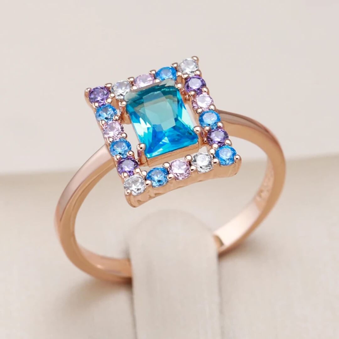 Blue Emerald Cut Halo Ring - Diane Jewelry