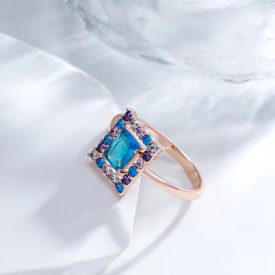 Blue Emerald Cut Halo Ring - Diane Jewelry