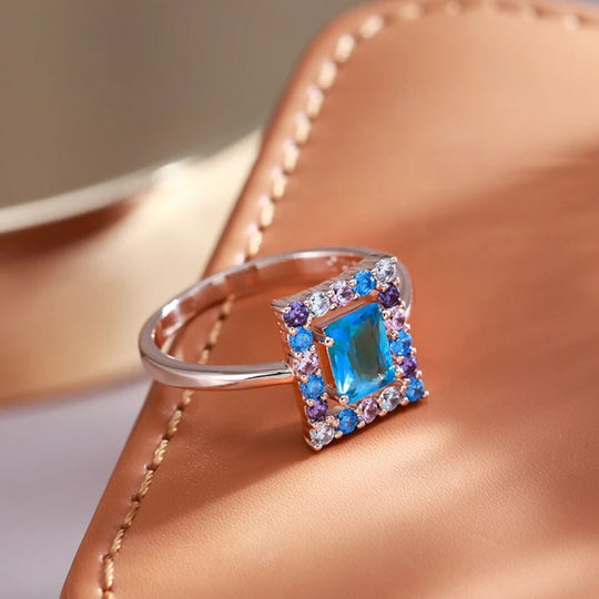 Blue Emerald Cut Halo Ring - Diane Jewelry