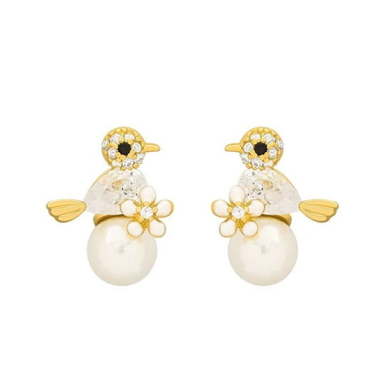 Bird Pearl Flower Stud Earrings - Diane Jewelry