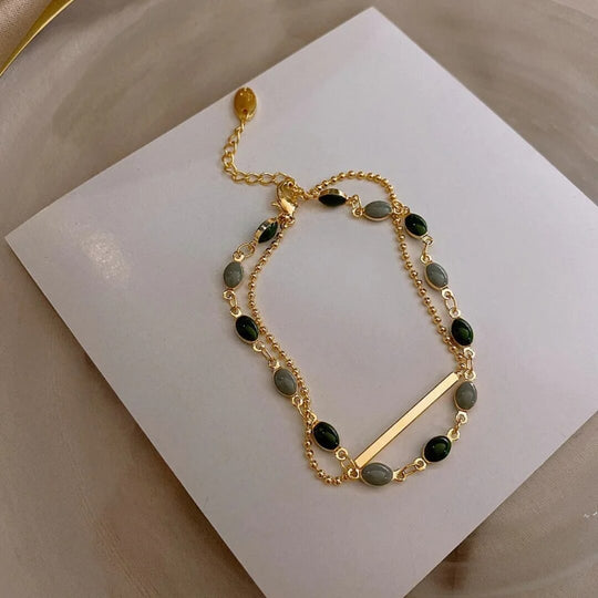 Gold Green Beaded Chain Bracelet - Diane Jewelry