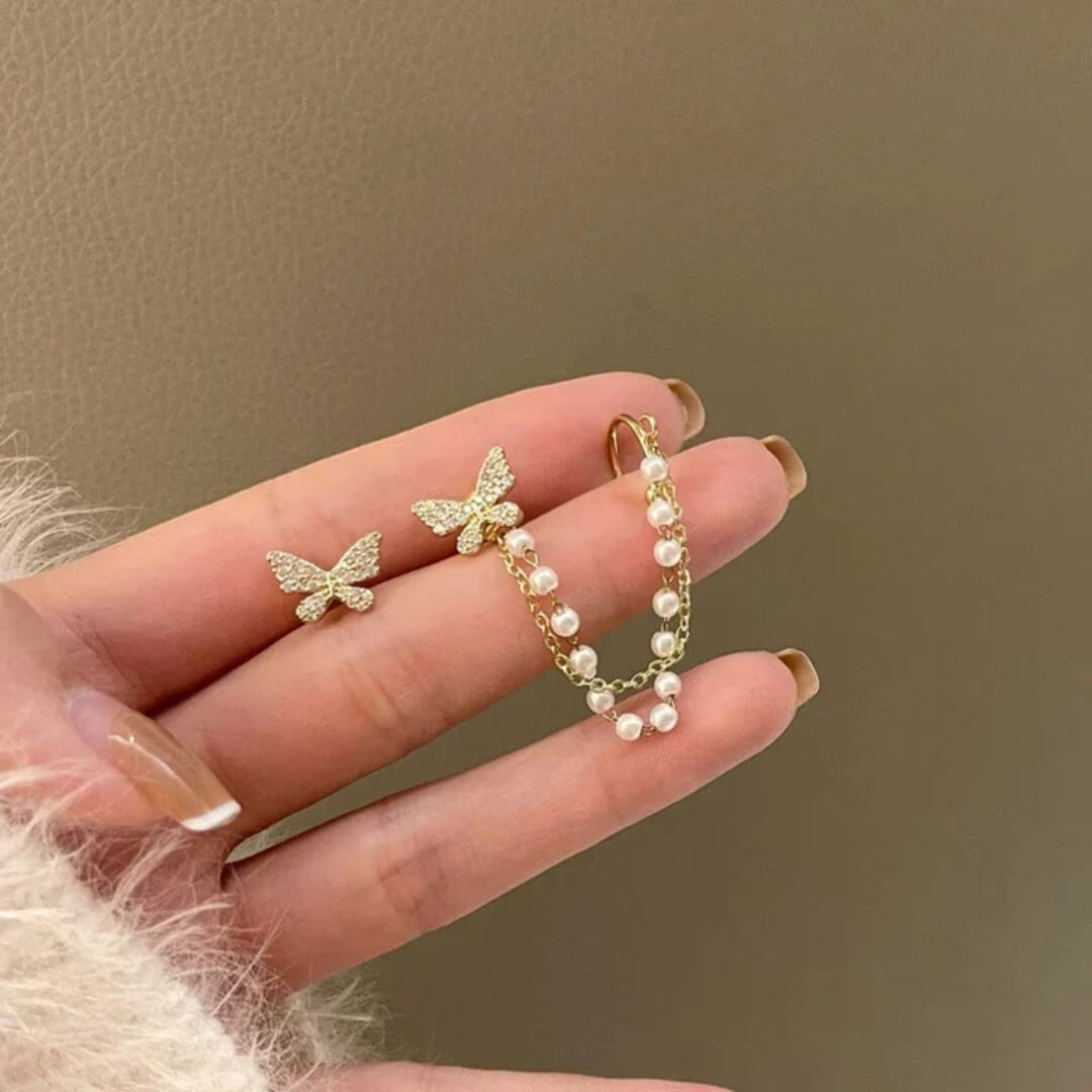 Butterfly Pearl Chain Stud Earrings - Diane Jewelry