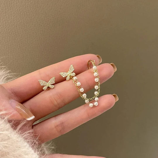 Butterfly Pearl Chain Stud Earrings - Diane Jewelry
