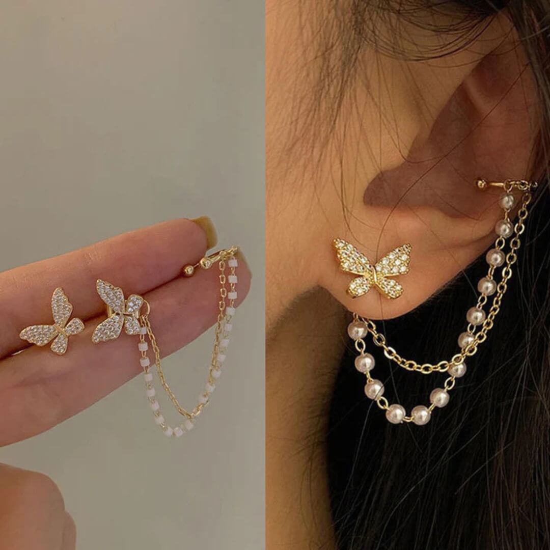 Butterfly Pearl Chain Stud Earrings - Diane Jewelry