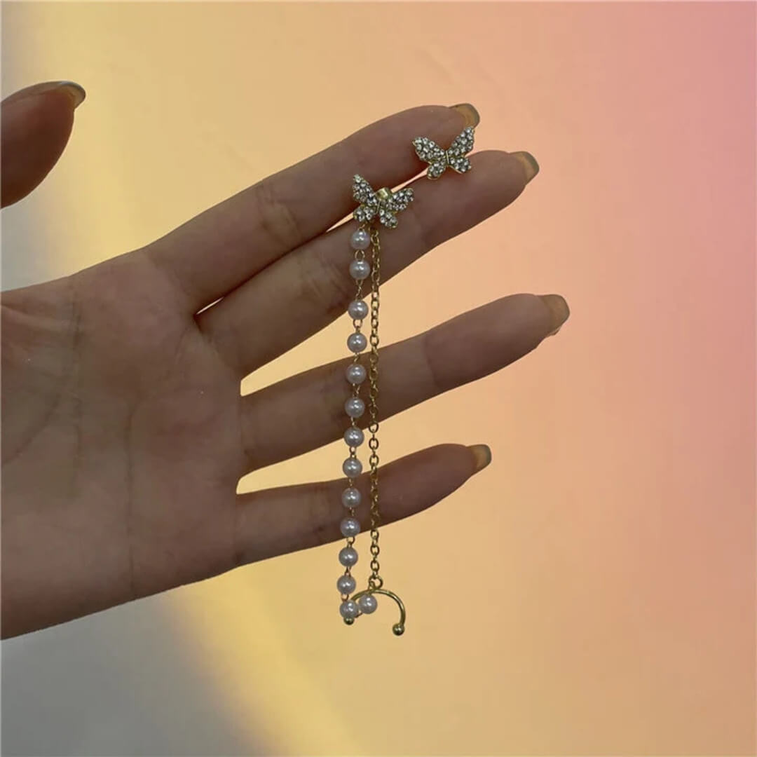 Butterfly Pearl Chain Stud Earrings - Diane Jewelry